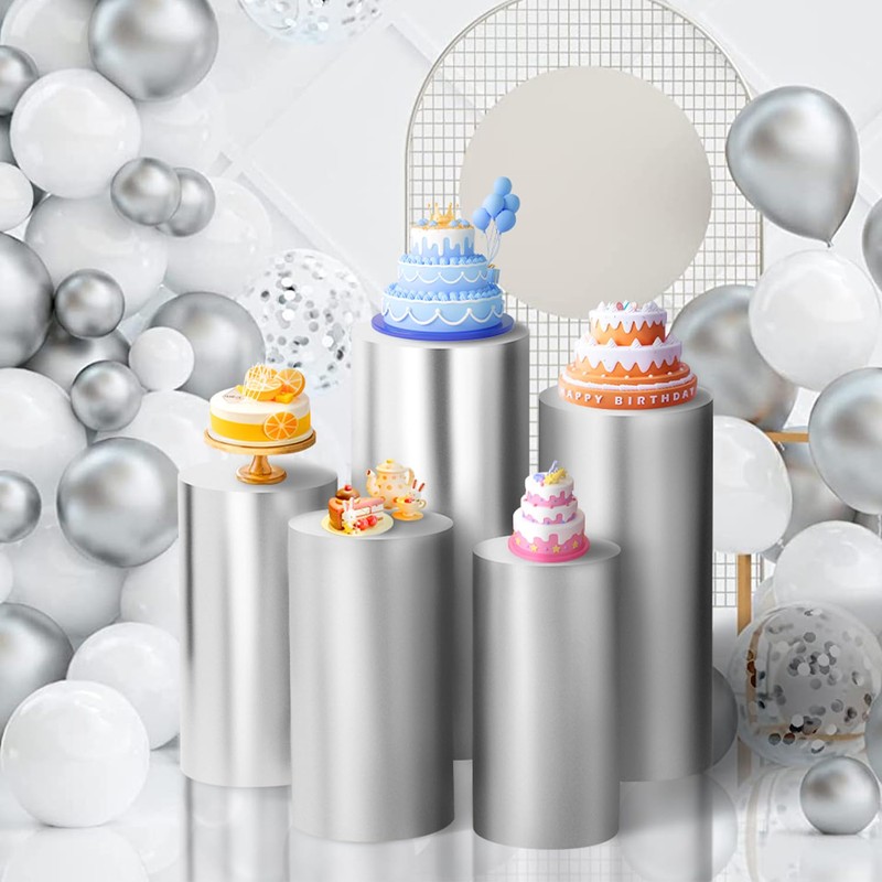 Set of 3 - Silver Cylinder Pedestal Stand Covers, Flexible