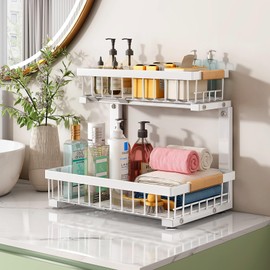 Pull out Cabinet Organizer, 1 Pack Under Sink Organizer, Slide out Metal Kitchen Cabinet Organizers Drawer Shelf, Sliding Storage Shelves for Kitchen Bathroom Pantry Closet Organization Rack(White)