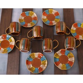 GuangYang 12 Pieces Fine Porcelain Brone Color Glazed Hand-drawn Tea Cups and Saucers,Classical Art Rainbow Pattern 7oz Tea Cup set for 6