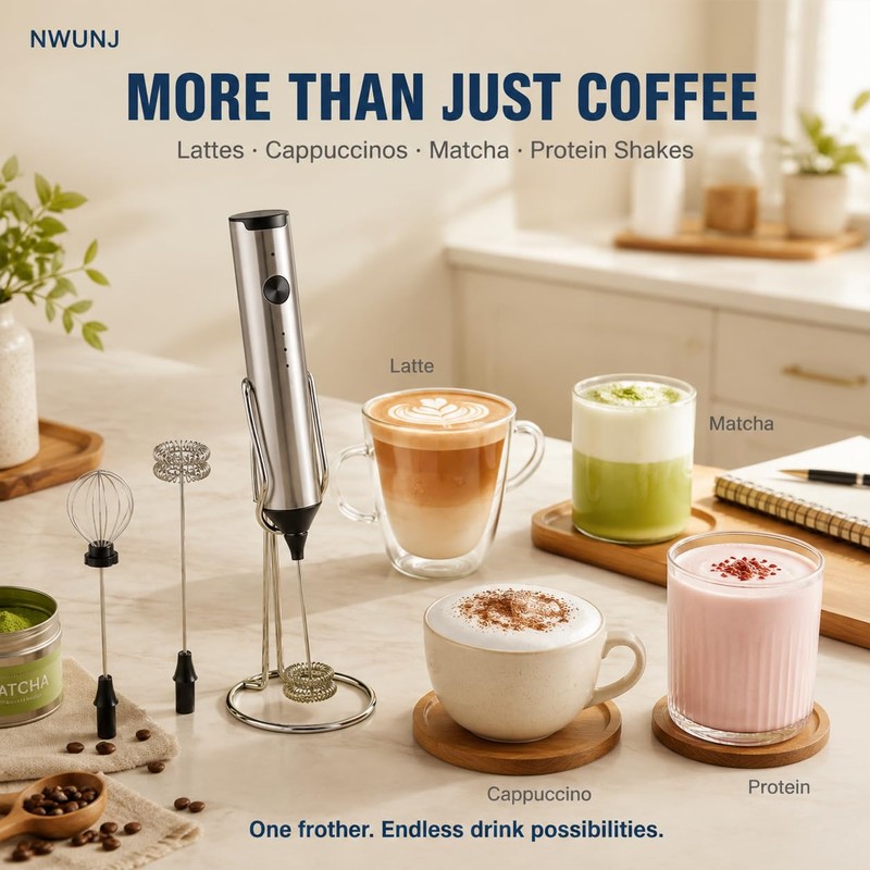 NWUNJ Rechargeable Milk Frother Handheld with Stand, 3-Speed