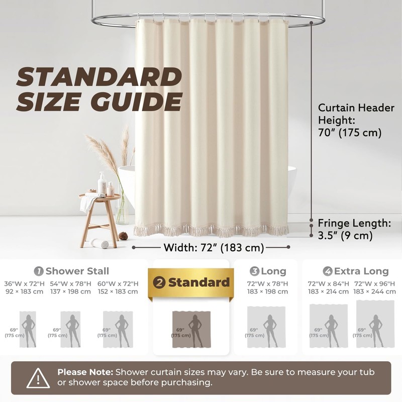 Linen Shower Curtain Boho Beige Shower Curtain with Tassels 72"W
