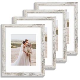 Hongkee 11x14 Picture Frame Set of 4, Made of Glass and Distressed White Wooden Frame, Display 8x10 Pictures with Mat or 11 x 14 Posters without Mat for Wall Mounting, Gallery Photo Frames