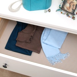 Con-Tact Brand Luxury Fabric Liners, Non-Adhesive Drawer and Shelf Liner, Multi-Functional Protective Liner, 18" x 4', Pajama Stripe Tan, Pack of 1 Roll