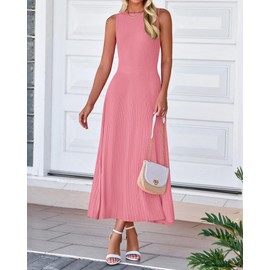 BTFBM Women's Midi Bodycon Tank Dress Summer Crewneck Rib Knit Sleeveless Pleated Swing A Line Business Casual Dresses(Pink, XX-Large)