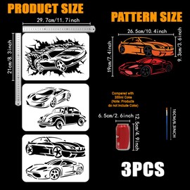 FINGERINSPIRE Pack of 3 Sports Car Drawing Stencils with a Brush 29.7 x 21 cm Roadster Painting Template Classic Racing Saloon DIY Decoration Stencil for Painting on Wood, Walls, Fabrics and Furniture
