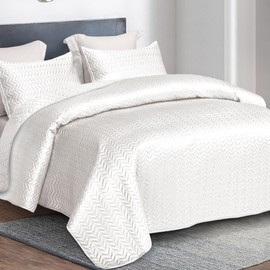 Whale Flotilla Silky Soft Satin Quilt King Size, Luxury Reversible Lightweight Bedspreads Covelets for All Seasons, Leaf Stitched Pattern Bedding Set with Satin Pillowcases, White