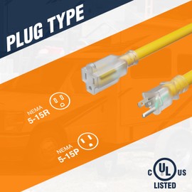 25 Foot Contractor Grade Outdoor Extension Cord with Lighted Power Outlet End by Journeyman-Pro 12/3 SJTW Yellow Cable with 3 Prong Grounded Plug 15 AMP UL Listed 25'FT (25FT Yellow)