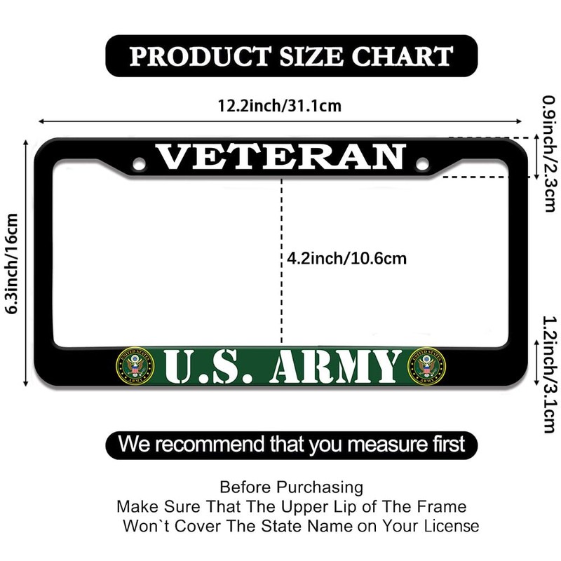 2 Pcs License Plate Frame for U.S. Army Veteran Black