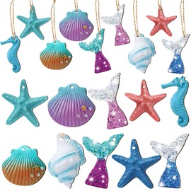 40 Pieces Christmas Ocean Themed Hanging Ornaments Wood Pencil Finger Starfish Assorted Seashell Seahorse Starfish Decor Hanging Beach Decorations with Rope for Christmas Home Wedding Party Decor