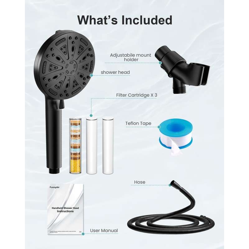 Black Filtered Shower Head Handheld, 3 Filters Hard Water Softener