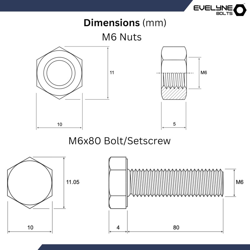 M6 Nuts & Bolt 10 Pack (M6 x 80mm Bolts