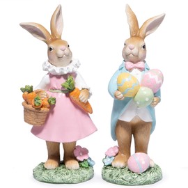 Hodao Easter Bunny Decoration Spring Rabbit Decor Gifts Handcrafted Resin Figurines Colorful and Charming Spring Decor for Home, and Holiday Celebrations (Set of 2) (Brown)