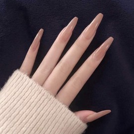 Xerling 24Pcs Extra Long Fake Nails Pure Color Coffin Glossy Press on Nails Fashion Ballerina Acrylic False Nails Tips for Women Girls Party Salon (Pink)