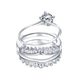 1CT Brilliant Cut Round Solitaire AAA CZ Band Inset Guard Enhancers Engagement Wedding Ring Set .925 Sterling Silver