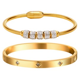 Womens Gold Bracelets Bangle Gifts - 2Pcs 18K Gold Plated Love Cubic Zirconia Bangle Crystal Friendship Jewelry,Wedding Party Christmas Valentines Day Birthday Gift for Her Girlfriend Sister Daughter