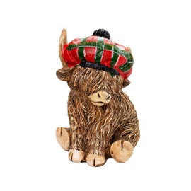 Darthome Tartan Highland Cow Boy Figurine Red Sitting Scottish Animal Decorative Ornament