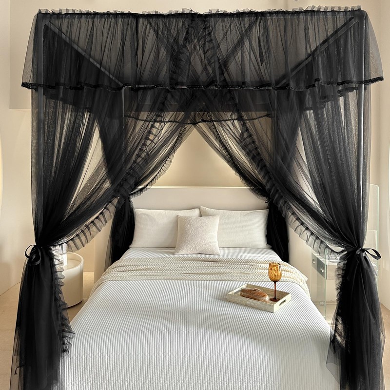 AIKASY 4 Corners Post Ruffle Princess Bed Canopy Curtain -