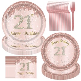 21st Birthday Decorations for Her, Rose Gold Plates Rose Gold Birthday Decorations 96PCS Pink Paper Plates and Napkins for Girls Women 21st Birthday Party Supplies Serve 24 Guests