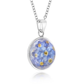Natural Flower Jewellery Sterling Silver Round Domed Pendant Made With Real Forget Me Nots