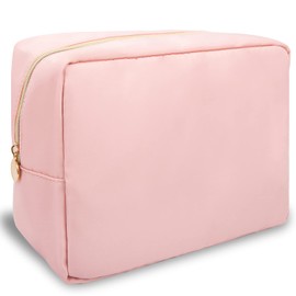 Nylon Large Makeup Bag Travel Pouch for Women, Preppy Big Pink Makeup Bag Cute Cosmetic Zipper Pouch Purse, DIY Chenille Letter Bag Waterproof Toiletry Bag Clutch Makeup Organizer for Women Girl(Pink)