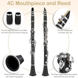 Ktaxon Bb Flat Clarinet Mid-range Bakelite Beginner & Student Clarinet, Nickel-Plated 17 Keys B Tone Clarinets with Hard Case, 10 Reeds, Gloves, 2 Mouthpieces Connector (Black)