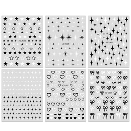 ROFIBUT Star Nail Art Stickers Heart Bow Nail Decals 3D Self-Adhesive Black White Star Nail Art Supplies Y2K Starlight Nail Sticker Cute Heart Bow Nail Art Design for Women Girls Nail Decor 6 Sheets