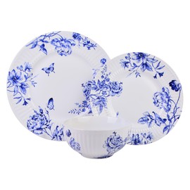 222 Fifth Cassian Embossed Toile Blue Porcelain 12-Piece Dinnerware Set – Service for 4, Plate & Bowl Set, Dishwasher Safe, for Daily Dining & Entertainment