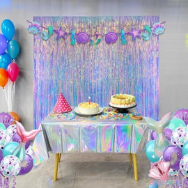 Tinsel Curtains Iridescent Glitter - GREATRIL Photo Background Curtain Metallic Streamers Party Decoration for Mermaid Girls Sea Unicorn Children's Birthday Party - Pack of 2