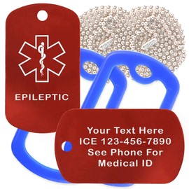 Custom 2 Pack - Epileptic Medical Alert ID Necklaces with Red Custom Tags, Blue Silencers, and 30'' USA Chains