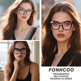 FONHCOO Oversized Progressive Reading Glasses for Women Men Oprah Style Large Square Blue Light Blocking Computer Readers(Black 1.0)