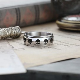 King Will Mens Silver 8mm Skull Spinner Rings Black Gothic Skeleton Skull Head Stainless Steel Anxiety Fidget Ring for Men Vintage Punk Band Bikers Skeleton Biker Ring 12
