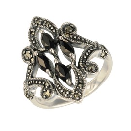 Esse Marcasite Sterling Silver Black Spinel and Marcasite Art Nouveau Dress Ring - Size L