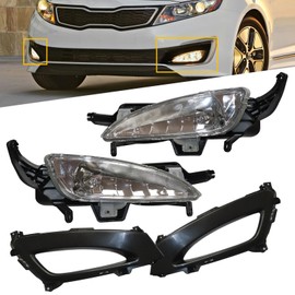 Carlaihu For 2011 2012 2013 Kia Optima Halogen Front Bumper Fog Light Lamp and Bezels Assembly Replacement Left and Right Side Pair Chrome Housing