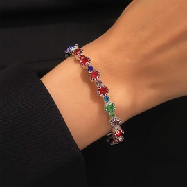 Allereya Vintage Multi Color CZ Tennis Bracelet Gemstone Birthstone Tennis Bracelet Alternating Geometric Tennis Chain Bracelet Ice Out Chain Tennis Bracelet Jewelry for Women and Girls