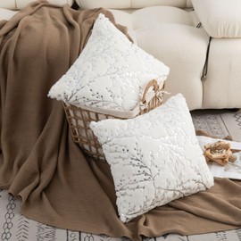 LIGICKY Set of 2 White Fluffy Pillow CoversFaux Fur with Silver Branches Glitter Throw Pillows Decorative Soft Furry Sparkling Square Cushion Cases for Sofa Bedroom Party Décor 12x12 inch
