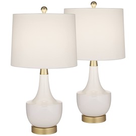 360 Lighting Nesbit 25" High Mid Century Modern Table Lamps Set of 2 USB Port White Gold Ceramic Metal Fabric Shade Living Room Charging Bedroom Bedside Nightstand House Office Home Reading Kitchen