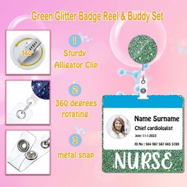 ANDGING Nurse Badge Buddy and Badge Reel Set Green Horizontal Badge Card Holder Nurse Acrylic Badge Buddies Badge Cards Glitter Bling Badge Reels Retractable Medical Nursing Gifts ID Name Card C6L88