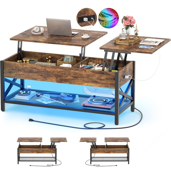 Aheaplus Coffee Table, Lift Top Coffee Table with LED Light