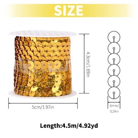 4.5M Dark Gold Sequin Ribbon, 6mm Glitter Laser Sequin Trim, Paillette Ribbon Trim for Sewing Decoration