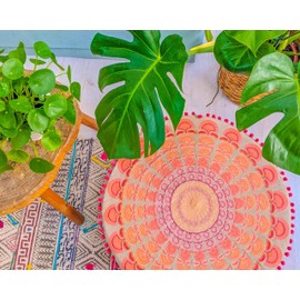 Mandala Life ART Floor Cushion Large with Ponpon Boho Chic Pink Floor Stool Round Seat Cushion High Round Stool Pouf High Boho Ottoman Decoration 100% Cotton Unfilled 60 x 20 cm