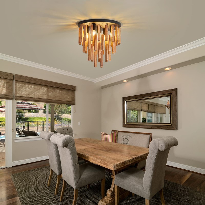 5-Light Semi Flush Mount Ceiling Light Fixture Rustic Wood Chandelier