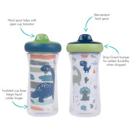 The First Years Tazas aisladas de dinosaurio para niños, aptas para lavaplatos, a prueba de derrames, a partir de 12 meses, 9 onzas, 2 unidades