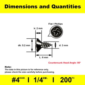 #4 x 1/4" Short Screws Cabinet Screws Phillips Small, Black Flat Head Wood Screws for Wood Furniture M3x6mm (200pcs)