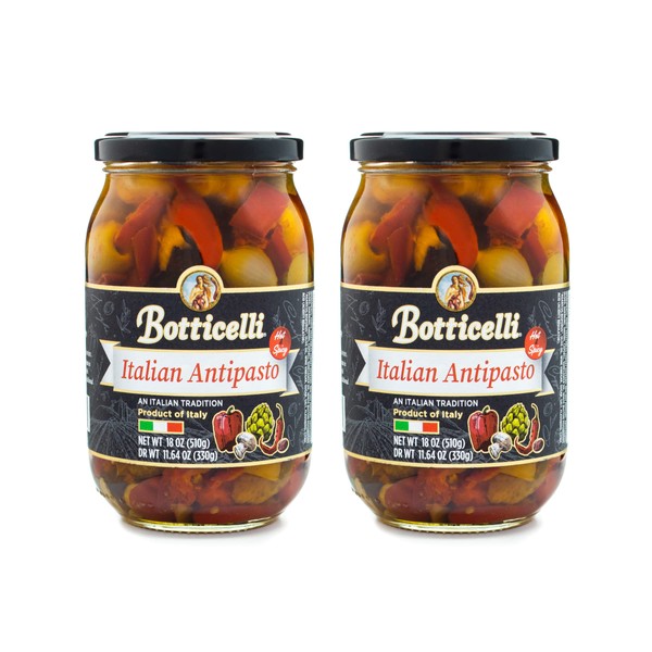 Hot Antipasto by Botticelli, 18oz Jars (Pack of 2) - Premium Spicy Italian Appetizer - Gluten-Free - Olives, Artichokes, Mushrooms, Red Hot Peppers, and Olive Oil