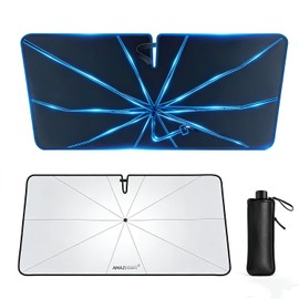 [Actualización 2025] Sombrilla Parasol para Parabrisas de Automóvil - [10 Varillas de Fibra de Vidrio][Flexible 360°][Bloqueo Solar 100%] [Plata de Titanio Engrosada 240T] Ice-Shield Protege el
