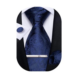 DiBanGu Paisley Ties for Men Silk Necktie and Pocket Square Cufflinks Tie Clip Set Woven Classic Mens Tie for Wedding Party, Navy Blue, 59"