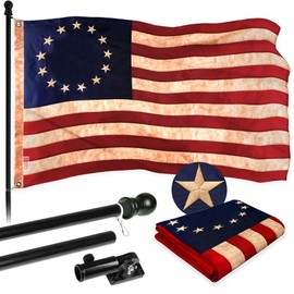 G128 Combo Pack: 6 Ft Aluminum Spinning Flagpole (Black) & Betsy Ross Tea-Stained Flag 3x5 Ft, ToughWeave Pro Series Embroidered 420D Polyester | Pole with Flag Included