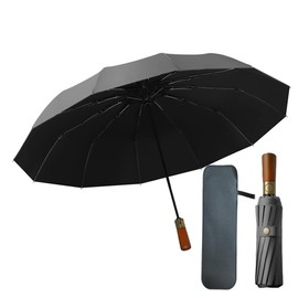 JXyuanQi 12 Ribs, Full Light Blocking, Folding Umbrella, One-Touch Automatic Open/Close, Parasol, For Both Sun and Rain, 100% UV Protection, Premium Brushed Bronze Wooden Handle, Lightweight, Compact