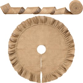 Chalyna 31 Inches Christmas Tree Skirt Decorations with 3 Inch x 10 Yard Christmas Ribbon Linen Burlap Round Vintage Tree Skirt Ornaments for Xmas Outdoor Holiday Family Winter Home Farmhouse Decor