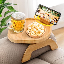 SINWANT Couch Arm Table, Bamboo Round Sofa Clip on Tray with 360° Phone Holder,Foldable Couch Armrest Table Eating on Chair Recliner for Snack Drink
